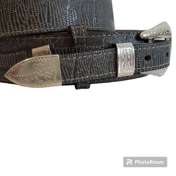 Vtg Gray Lizard Grain Cowhide Leather Ranger Western Belt Silver Sz 34 USA NWOT - Picture 3 of 11